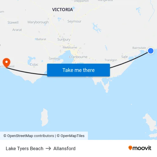 Lake Tyers Beach to Allansford map