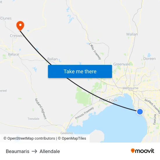 Beaumaris to Allendale map