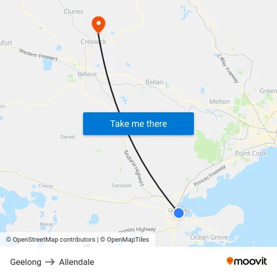 Geelong to Allendale map