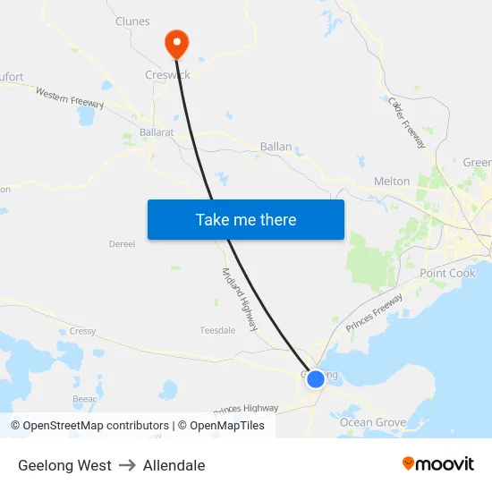 Geelong West to Allendale map