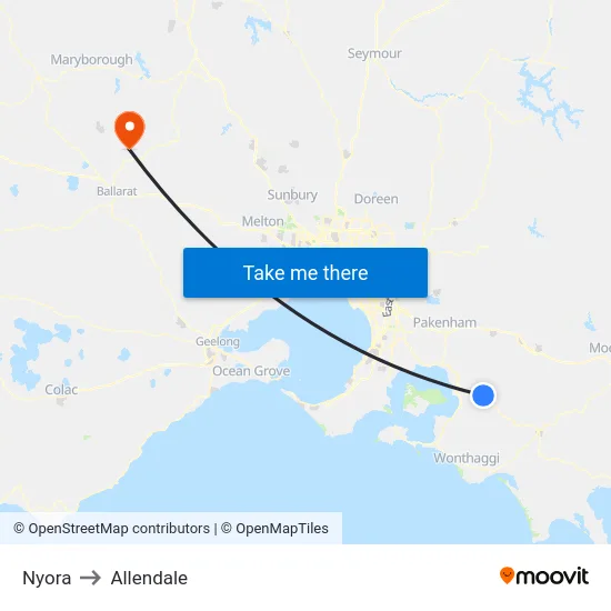 Nyora to Allendale map