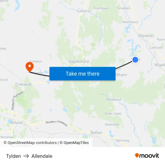 Tylden to Allendale map