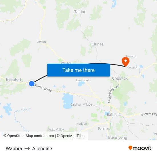 Waubra to Allendale map