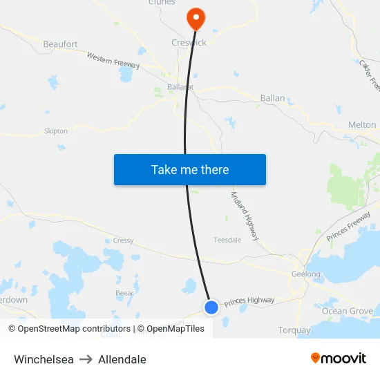 Winchelsea to Allendale map