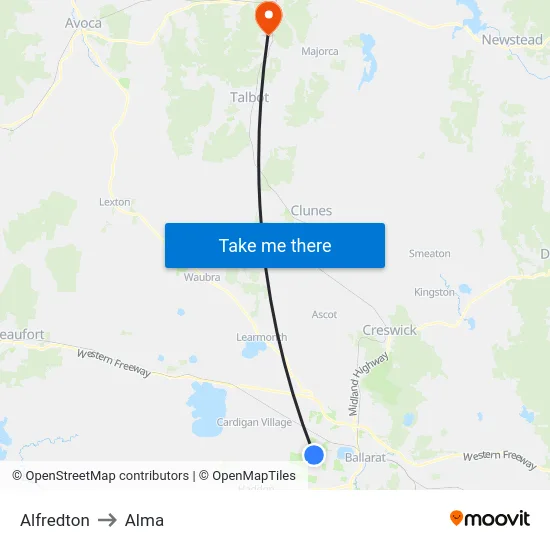 Alfredton to Alma map
