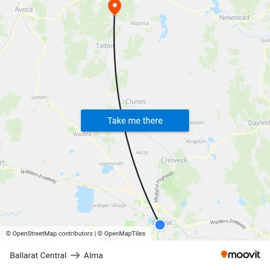 Ballarat Central to Alma map