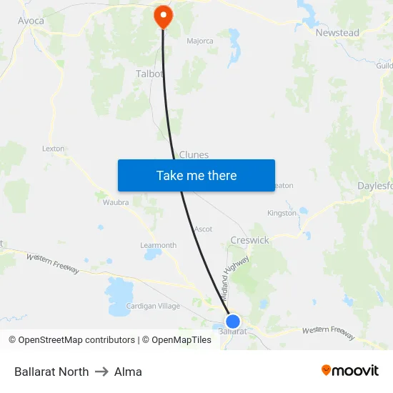Ballarat North to Alma map