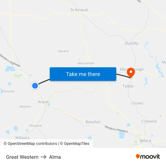 Great Western to Alma map