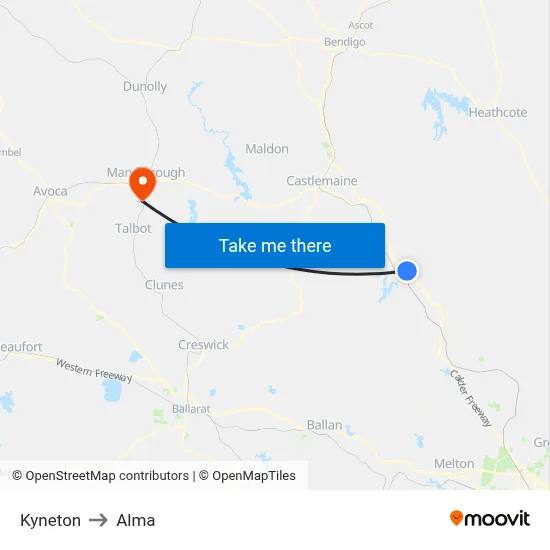 Kyneton to Alma map