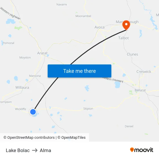 Lake Bolac to Alma map