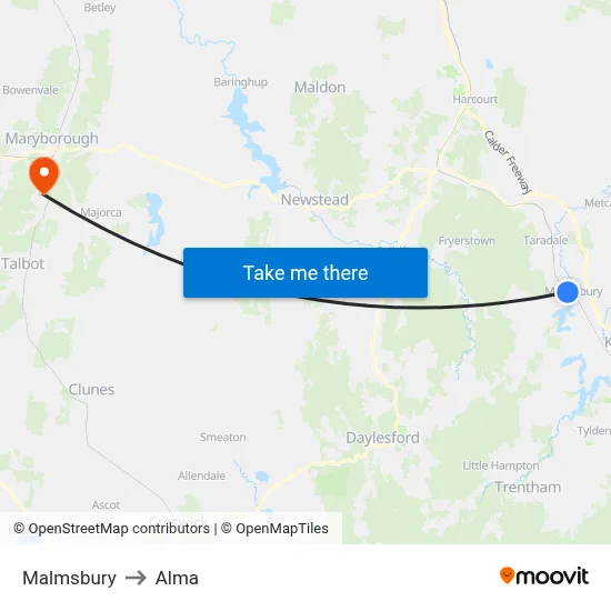 Malmsbury to Alma map