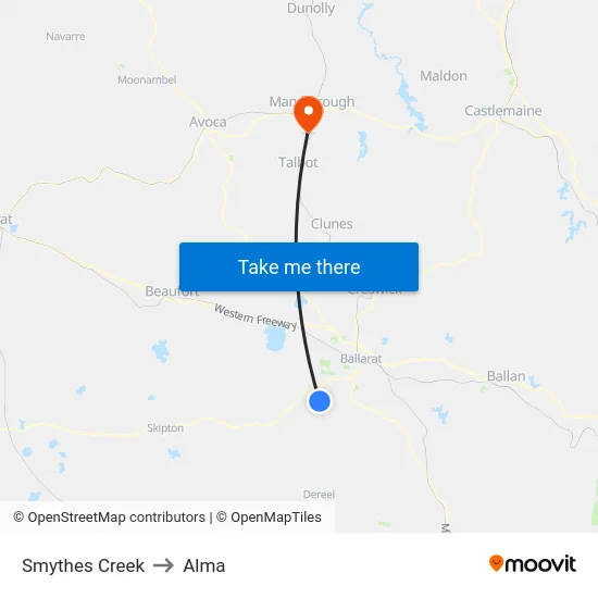 Smythes Creek to Alma map