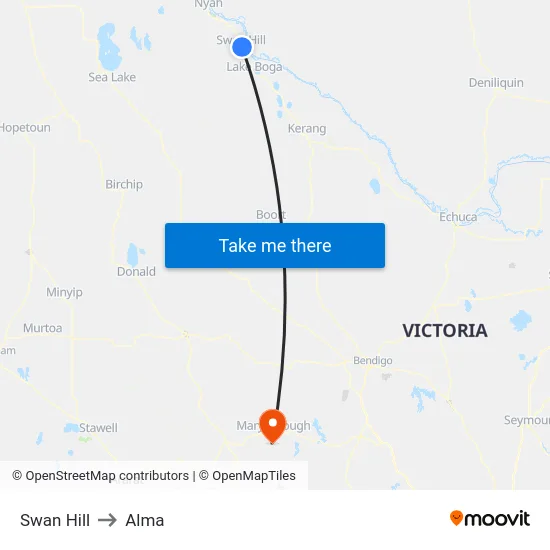 Swan Hill to Alma map