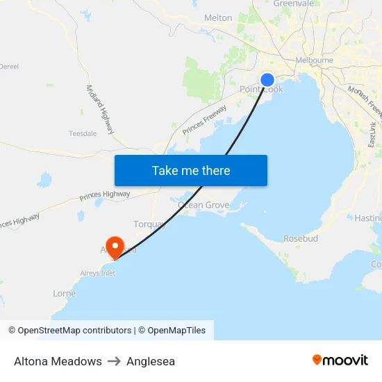 Altona Meadows to Anglesea map