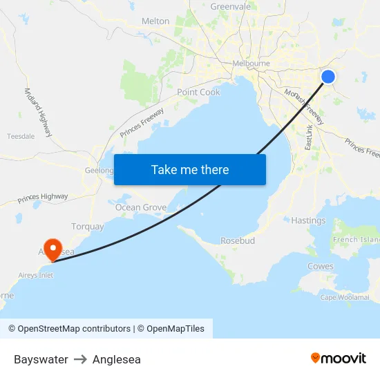 Bayswater to Anglesea map