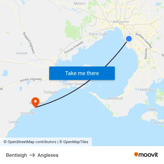 Bentleigh to Anglesea map