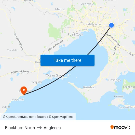 Blackburn North to Anglesea map