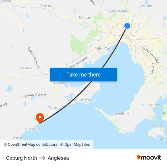 Coburg North to Anglesea map