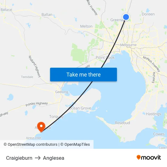 Craigieburn to Anglesea map
