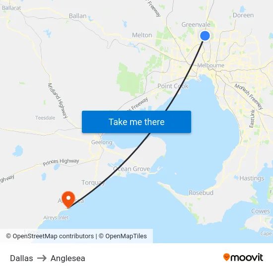 Dallas to Anglesea map