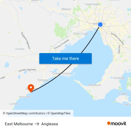 East Melbourne to Anglesea map