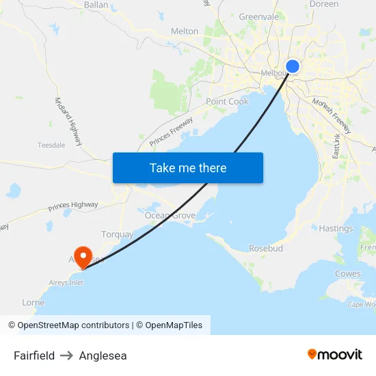 Fairfield to Anglesea map