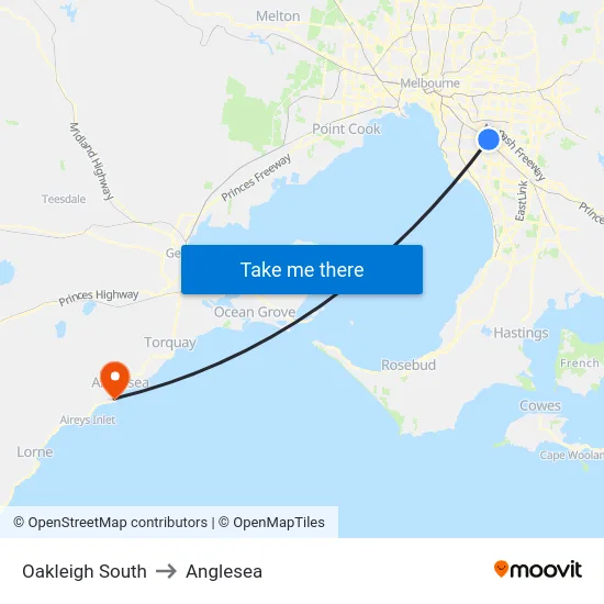 Oakleigh South to Anglesea map