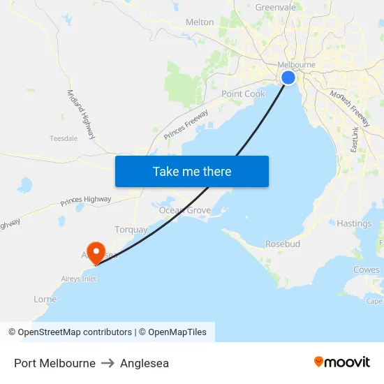 Port Melbourne to Anglesea map