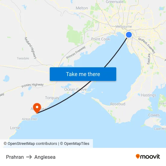Prahran to Anglesea map