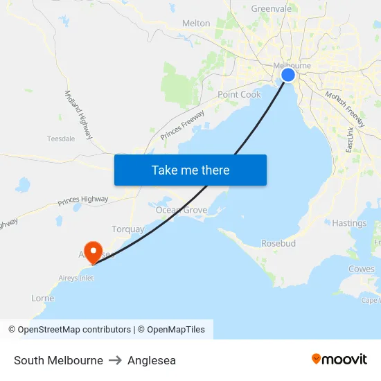 South Melbourne to Anglesea map