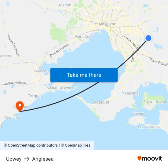 Upwey to Anglesea map