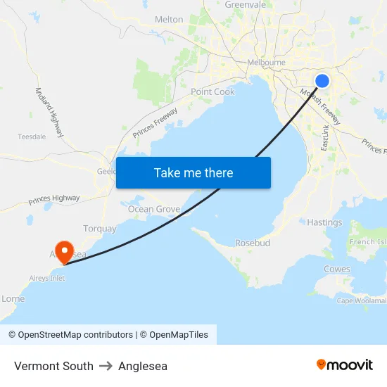 Vermont South to Anglesea map
