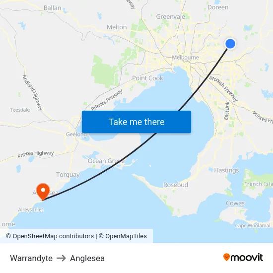 Warrandyte to Anglesea map