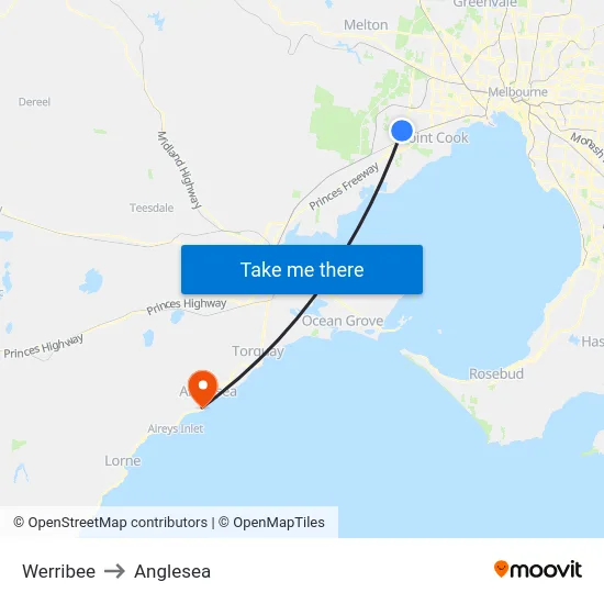 Werribee to Anglesea map