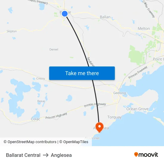 Ballarat Central to Anglesea map