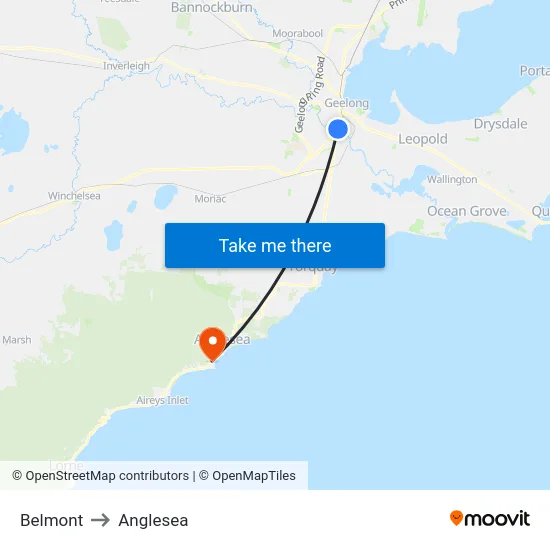 Belmont to Anglesea map