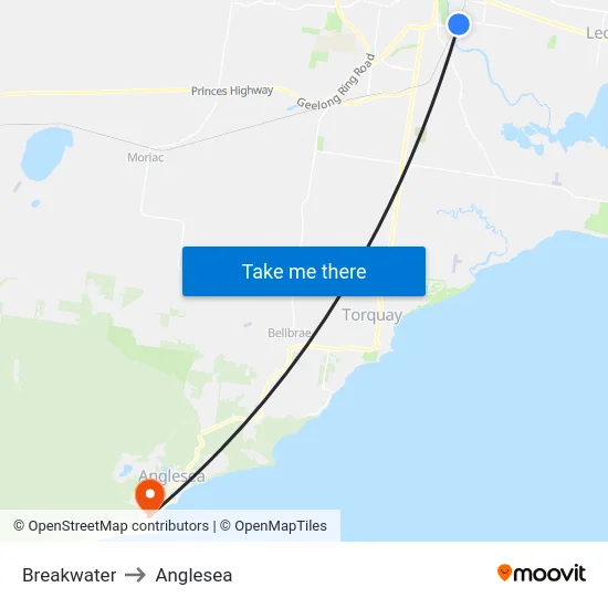 Breakwater to Anglesea map
