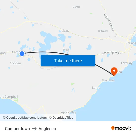 Camperdown to Anglesea map