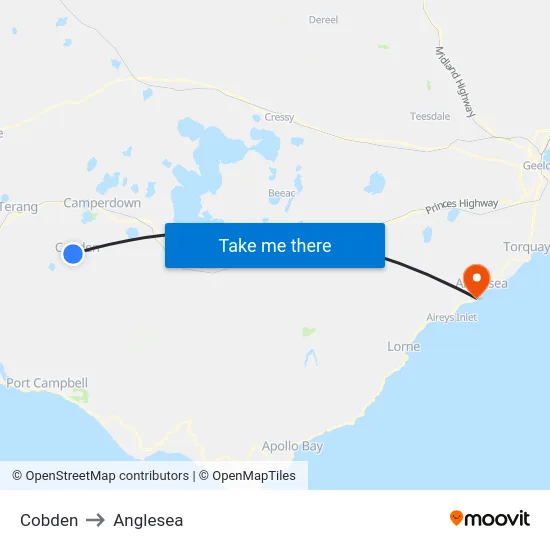 Cobden to Anglesea map