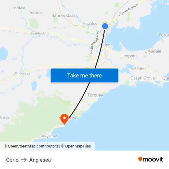 Corio to Anglesea map