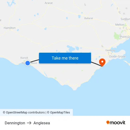 Dennington to Anglesea map