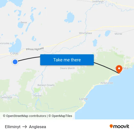 Elliminyt to Anglesea map