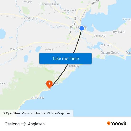 Geelong to Anglesea map