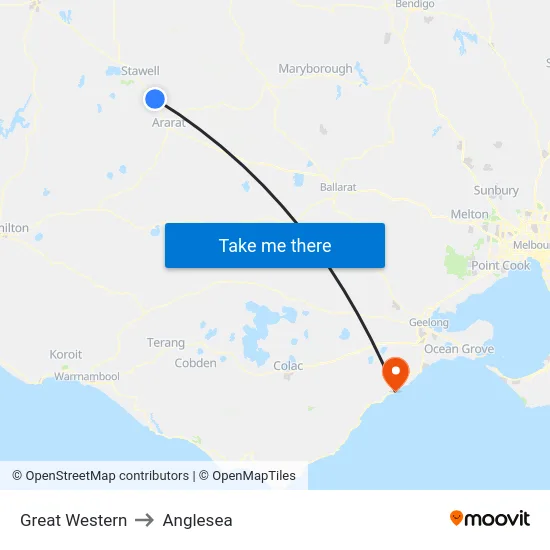 Great Western to Anglesea map