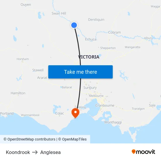 Koondrook to Anglesea map