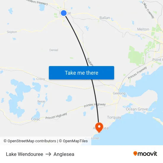 Lake Wendouree to Anglesea map