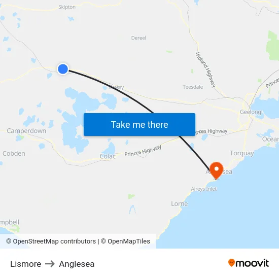 Lismore to Anglesea map