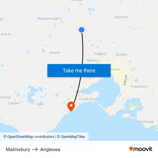 Malmsbury to Anglesea map