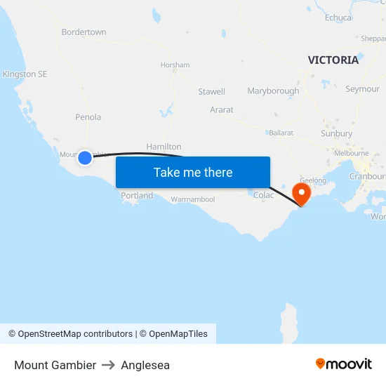Mount Gambier to Anglesea map