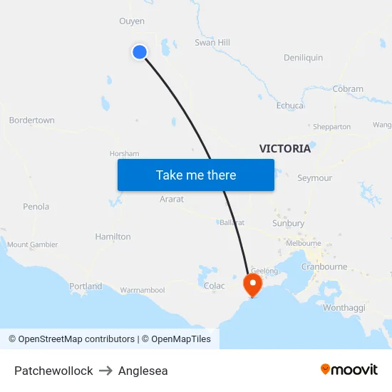 Patchewollock to Anglesea map